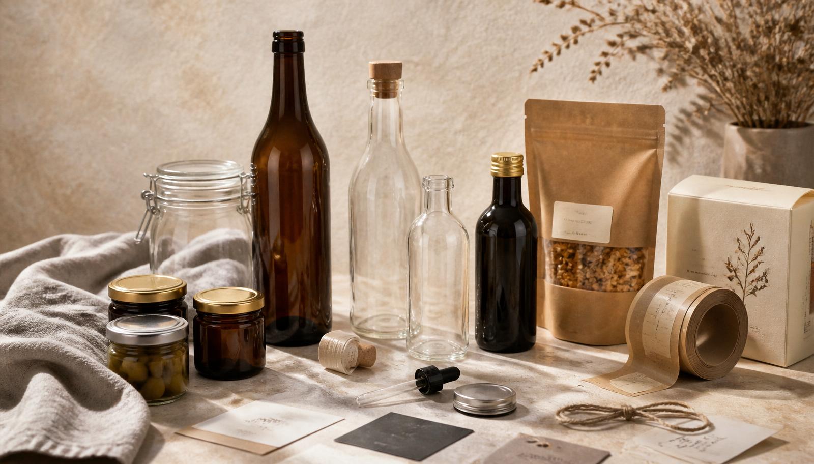 Editorial still life of clear and amber glass bottles, jars, closures, sample pouches and craft paper, arranged for a short-run packaging launch.